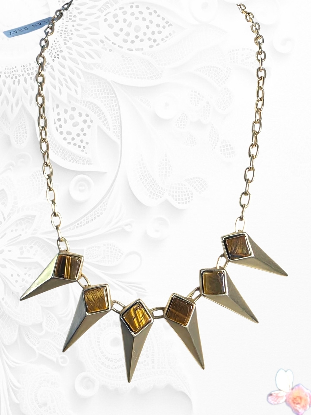 Dylan Gray Spike Necklace with Tigers Eye Stones NWT Gold Tone